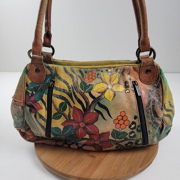 Anna Anuschka Butterfly Painted Leather Shoulder Tote Bag Satchel Purse Handbag - Picture 1 of 16
